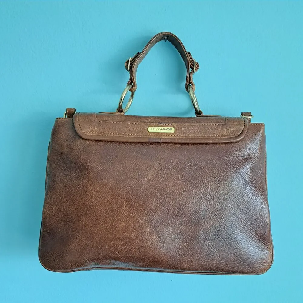 Rebecca Minkoff Covet Satchel Bag Brown Glazed Leather Turnlock Leopard Hobo